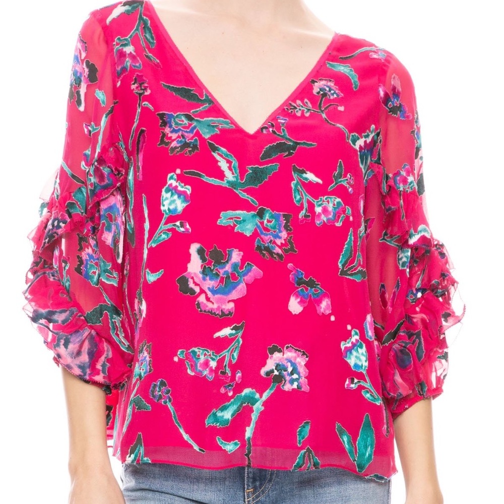 Tanya Taylor Margarita Floral Ruffled Sleeve Blouse